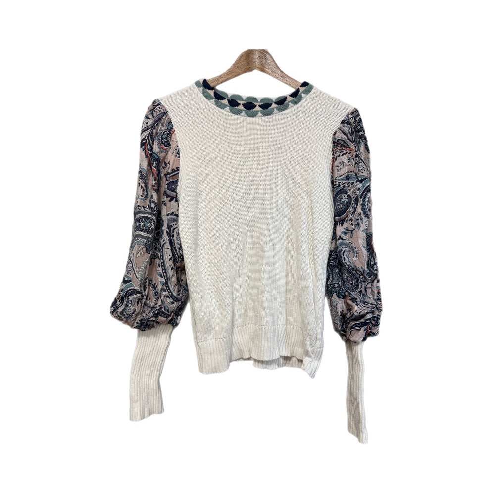 Fate Sweater Women Small Cream Excellent Paisley Mixed Media Balloon Sleeve Boho